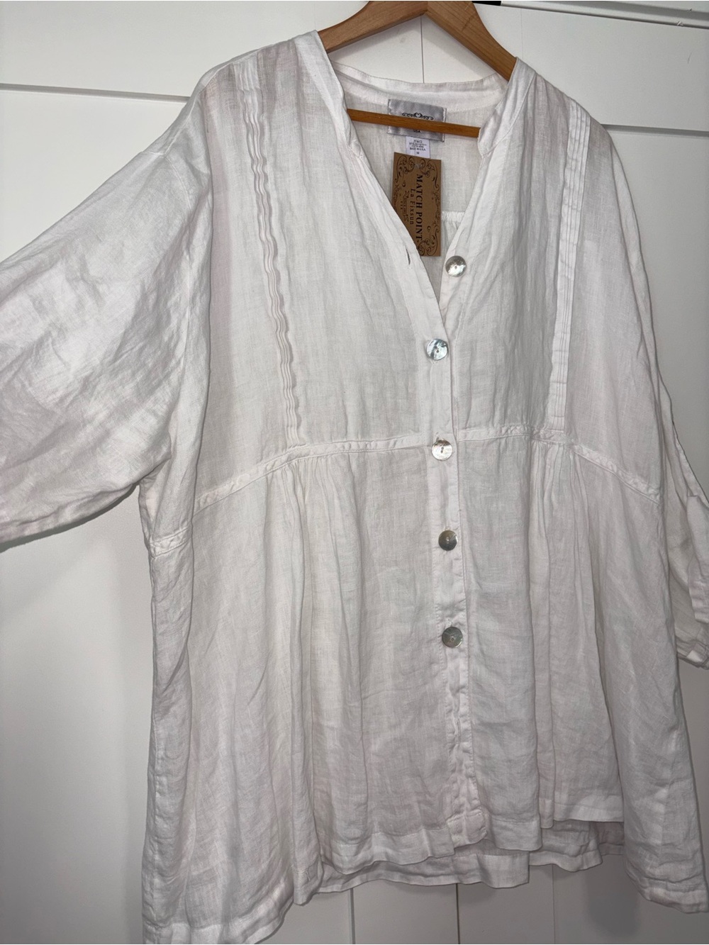 Lightweight Flowy White Linen Button-Front Peasant Blouse